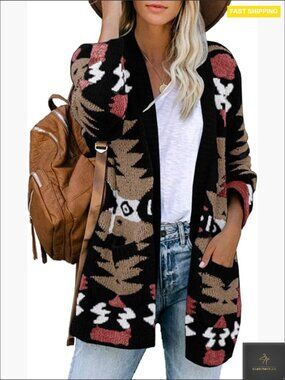 Boho Aztec Open Front Cardigan Loose Slouchy Knitted Sweater Tribal Long Sleeve